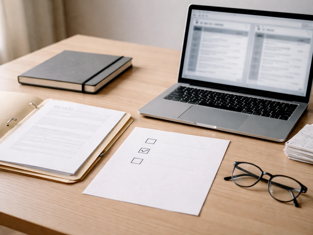 Minimal desk scene with royalty research notes and anonymous database screens, suggesting how to find real evidence.