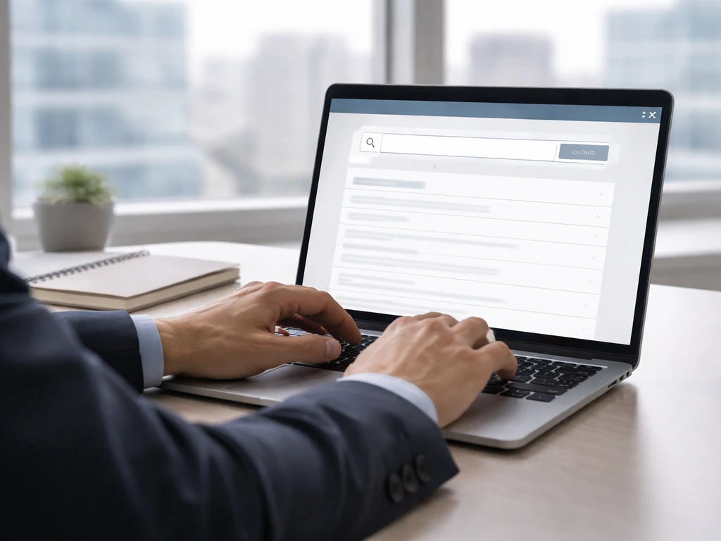Person at laptop using a generic business registry search page in a quiet office setting