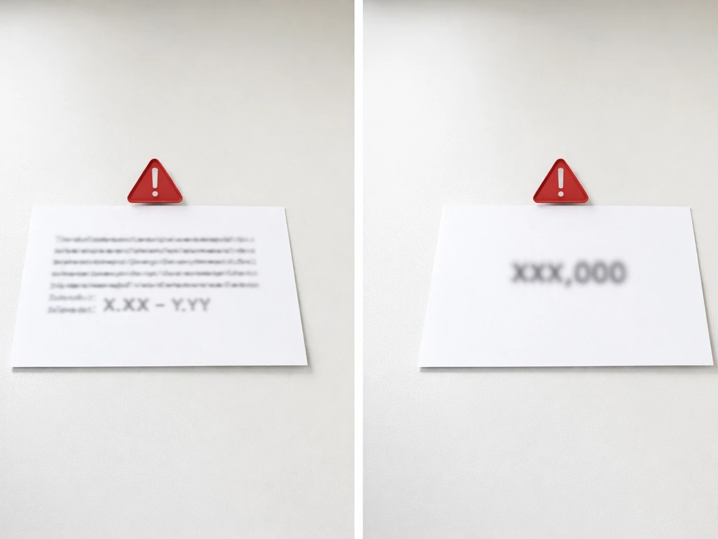 Minimal desk shot showing two side-by-side paper slips with warning symbols indicating unreliable vs precise claims.
