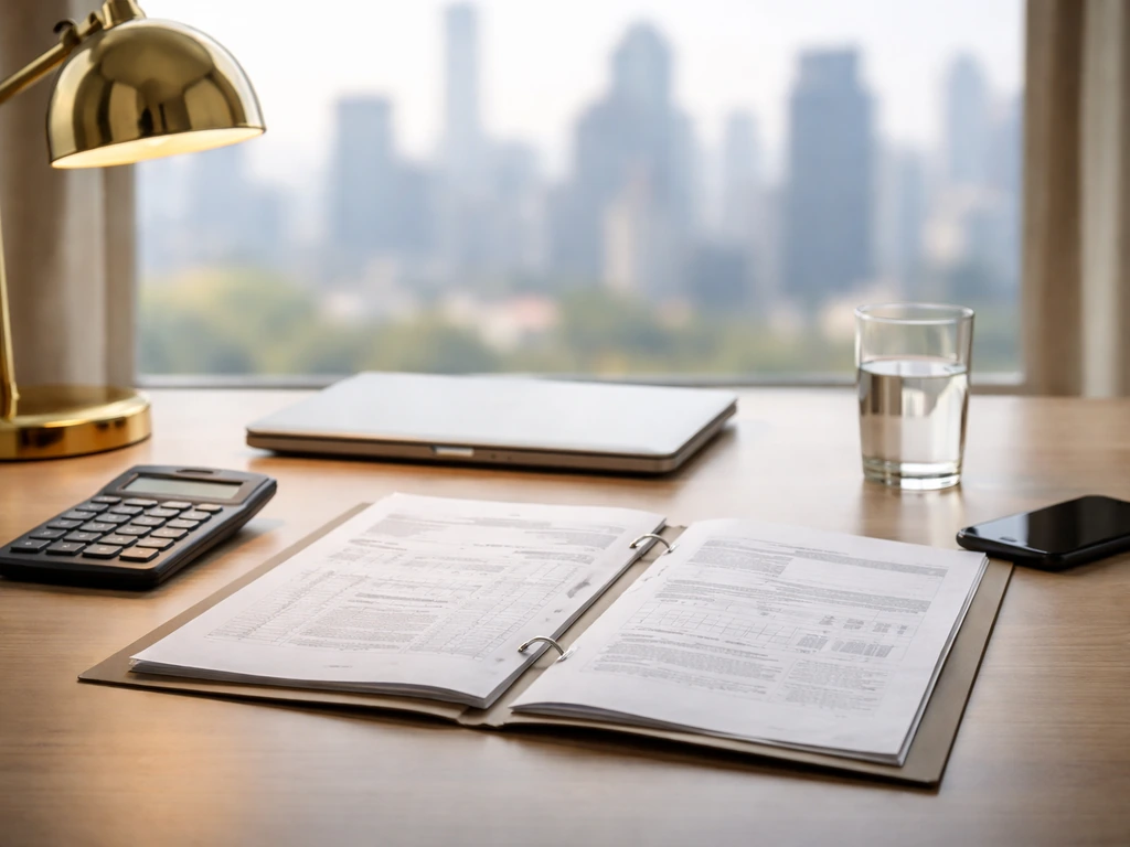 A desk with business documents and a calculator beside a blurred city skyline, symbolizing wealth verification.