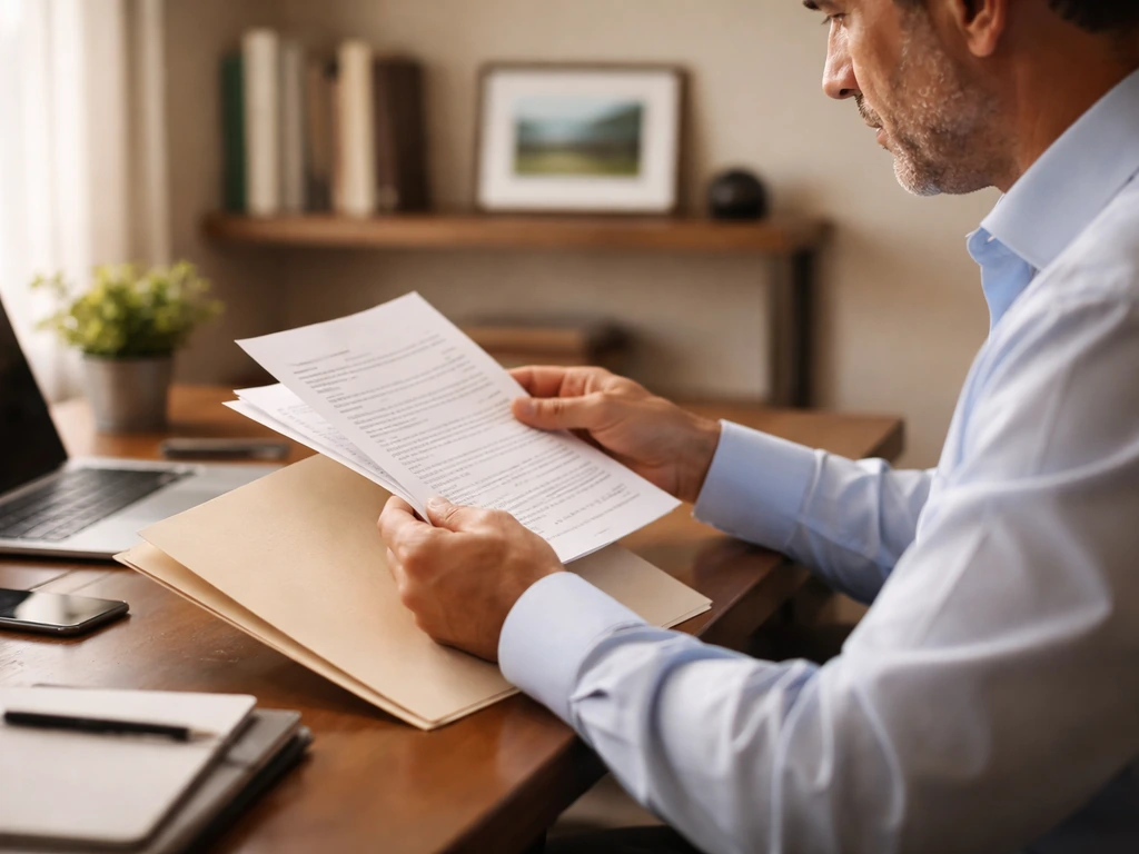 Anonymous business owner in a minimal office reviewing documents to match the right identity.