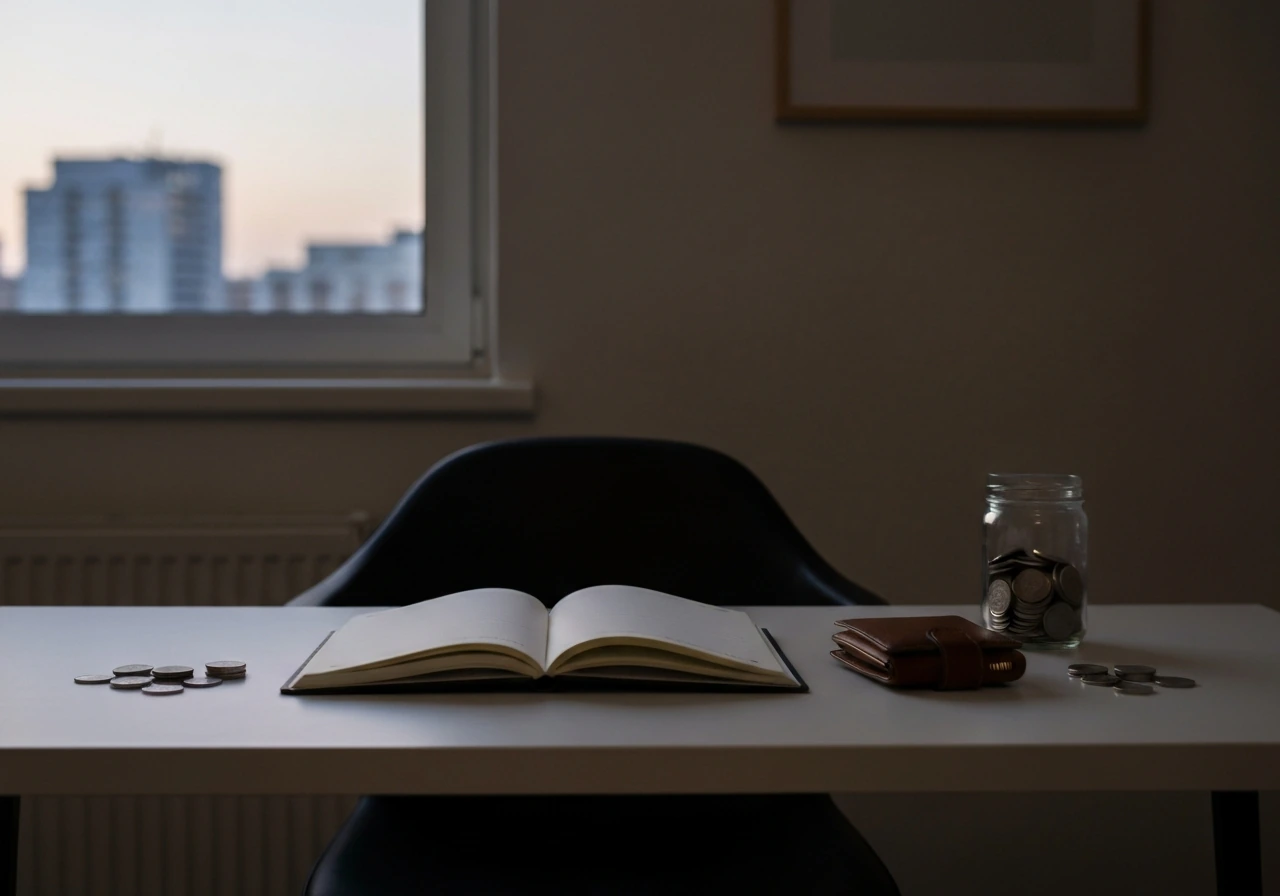 Minimal office desk with scattered papers and a coin, symbolizing assets minus liabilities