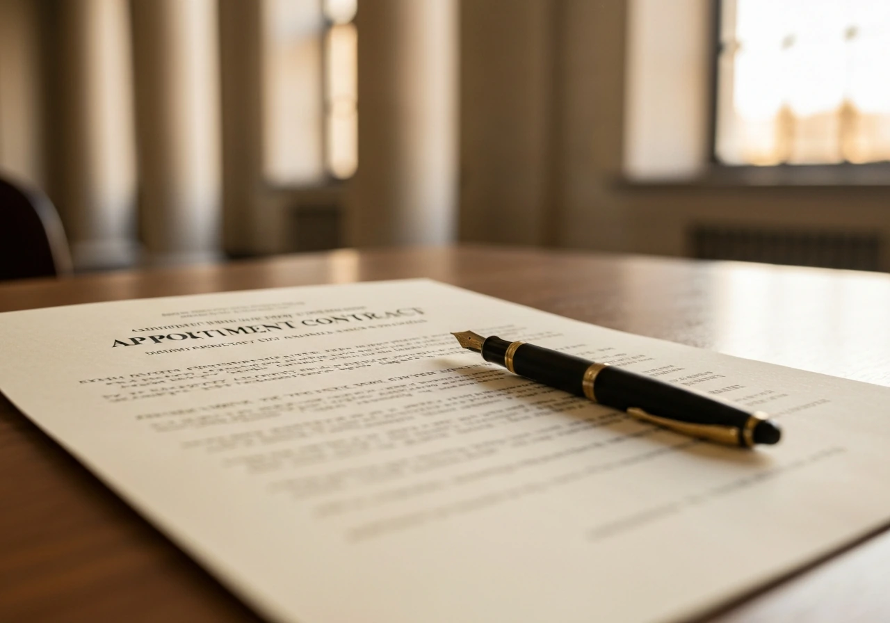 Close-up of a Greek university appointment contract on a desk beside a fountain pen in natural light
