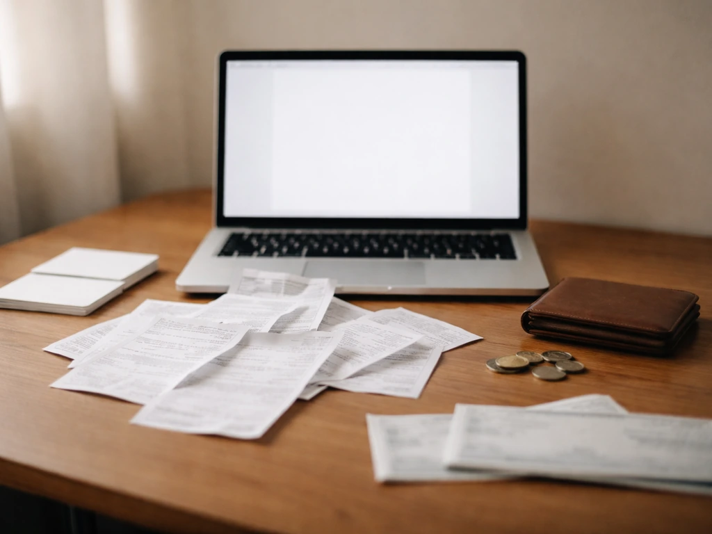 Minimal desk scene with receipts and coins symbolizing conflicting net-worth estimates, no readable text.