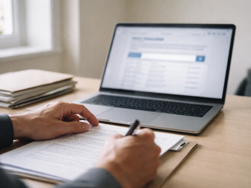 Laptop and documents on a desk with a blurred public-records search for verifying net worth
