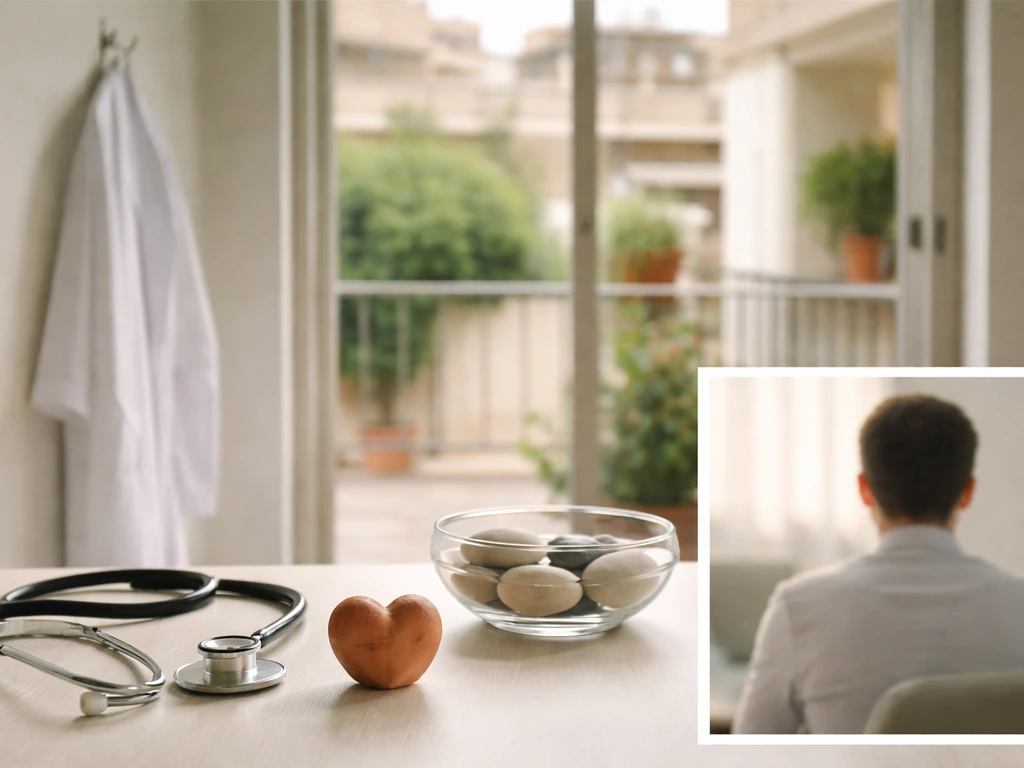 Minimal collage of Greek clinic and mental-health objects with an inset anonymous silhouette, no real person shown.