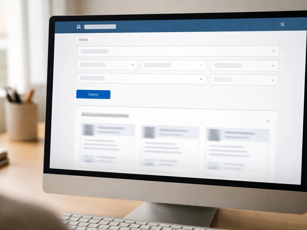 Close-up of a laptop screen showing a GEMI-style business registry search page with generic results.