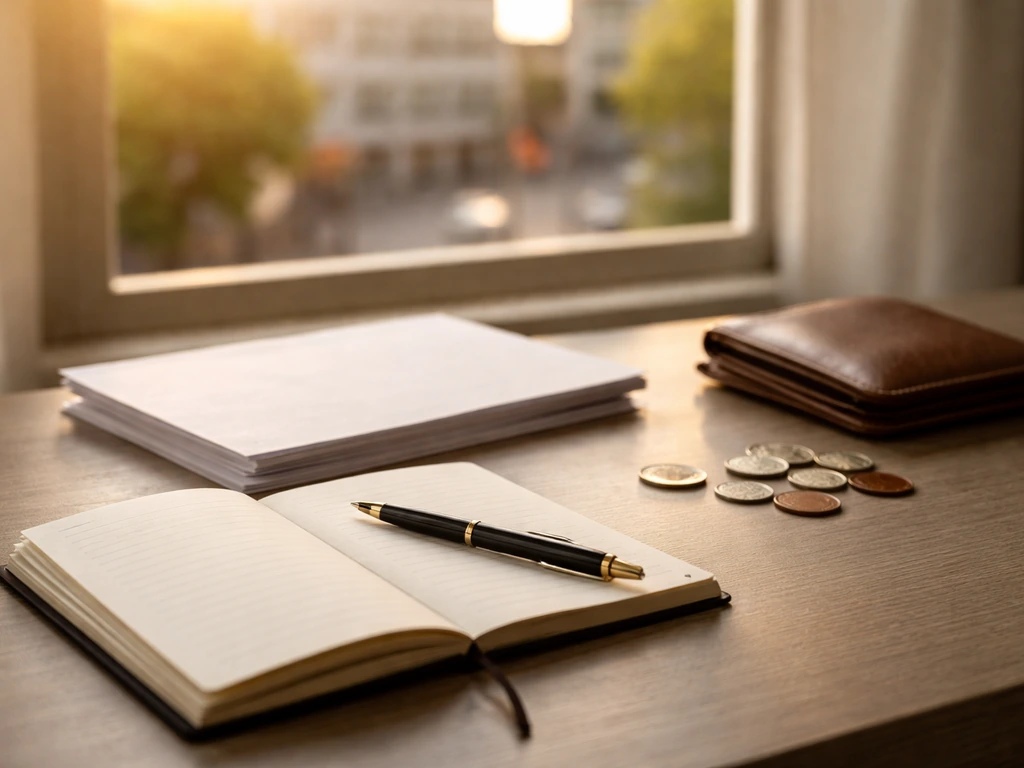 Minimal desk scene with scattered coins and a notebook, symbolizing net worth range analysis.