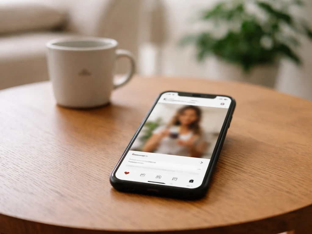 Close-up of a smartphone showing an Instagram-style sponsored post on a coffee table