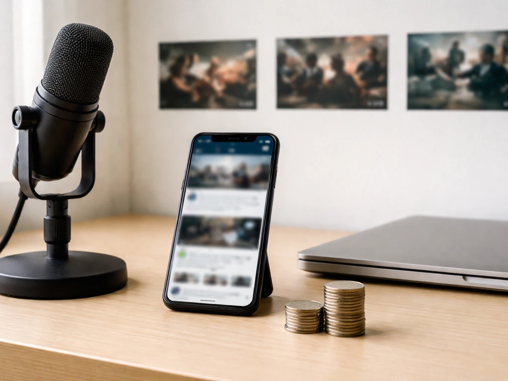 Minimal desk scene with coins, a phone with blurred social feed, and a microphone suggesting career growth.