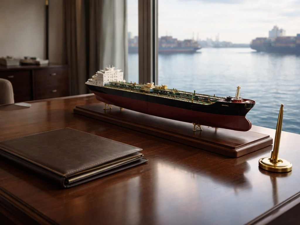 Maritime office scene with a ship model and business documents suggesting a Greek shipowner’s world