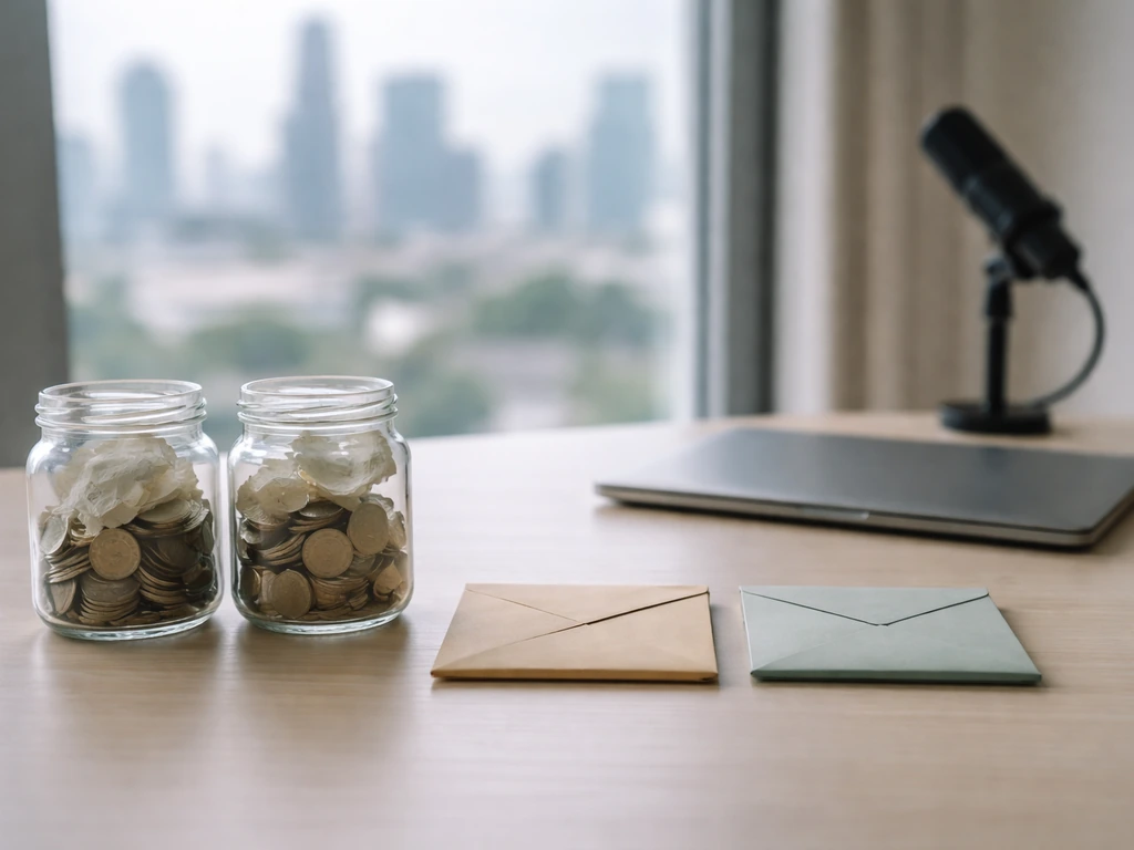 Minimal desk scene with jars of coins and sealed envelopes symbolizing assets minus liabilities.