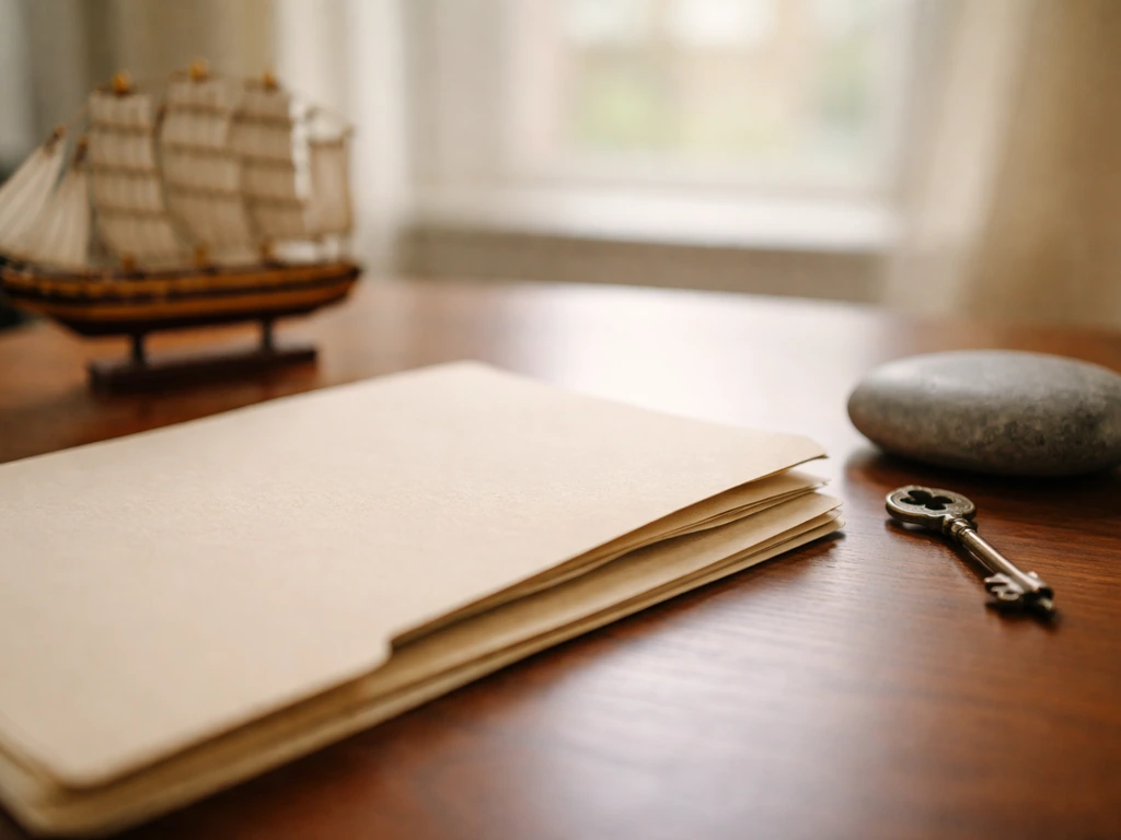 Close-up of a document folder beside a small model ship and brass key on a desk, symbolizing private wealth holdings.