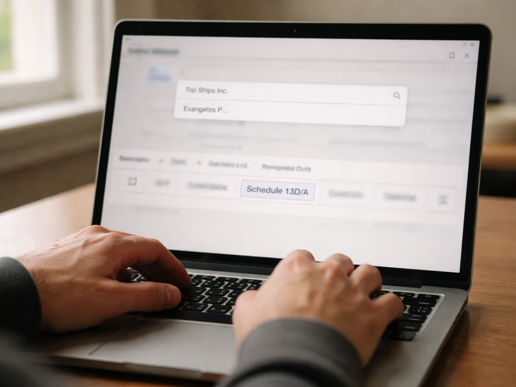 Hand using laptop to verify SEC filings, with blurred search field and highlighted filing types on screen.
