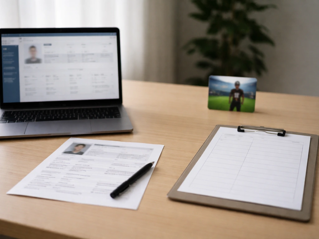 Minimal office desk scene with a generic football match photo and identity-check paperwork concept.