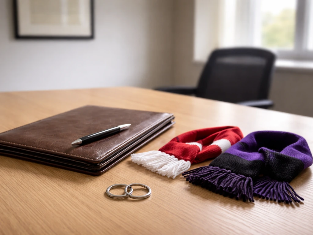 Minimal desk scene with football scarves, folder, pen, and interlocking rings symbolizing transfer fees and sell-on clau