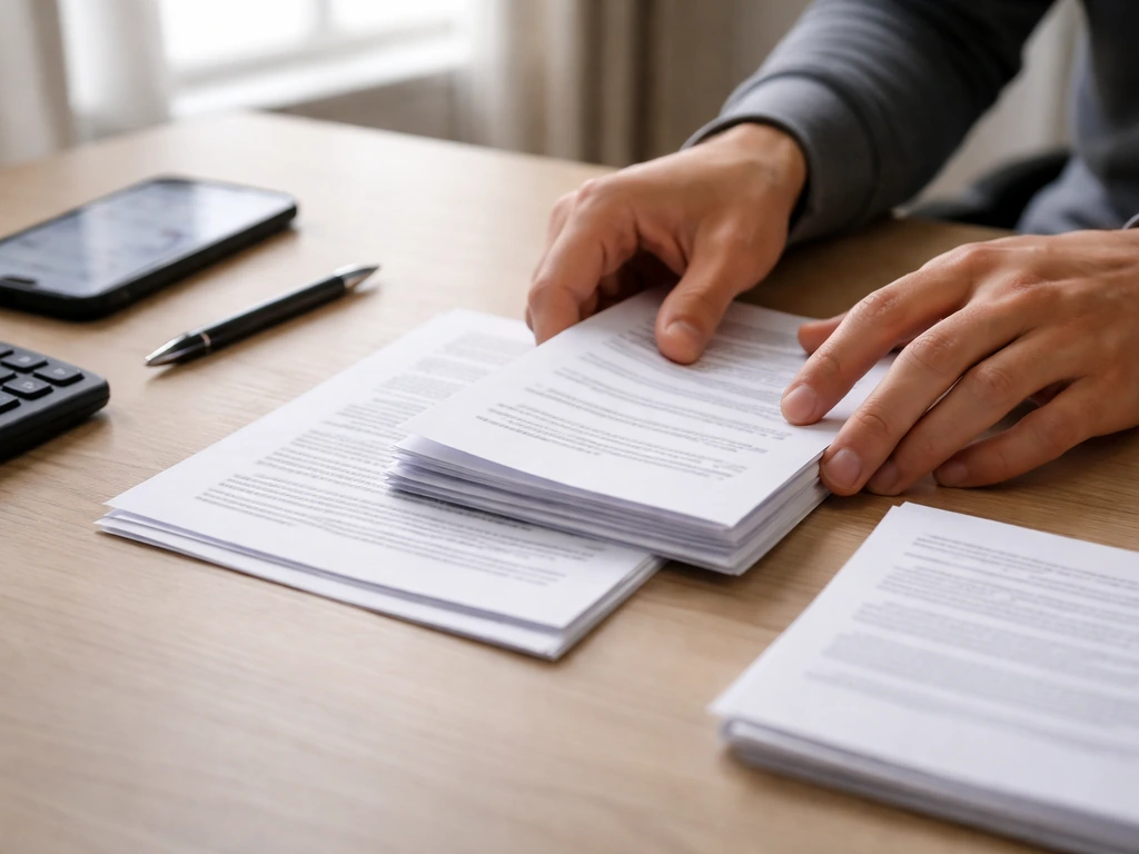 Hands cross-check printed transfer and contract pages beside a calculator and phone in a quiet desk setup
