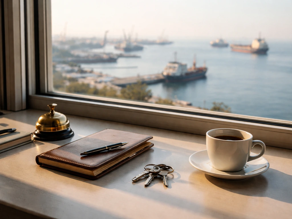 Minimal office desk by a window overlooking a Greek harbor with cargo ships, suggesting shipping wealth.
