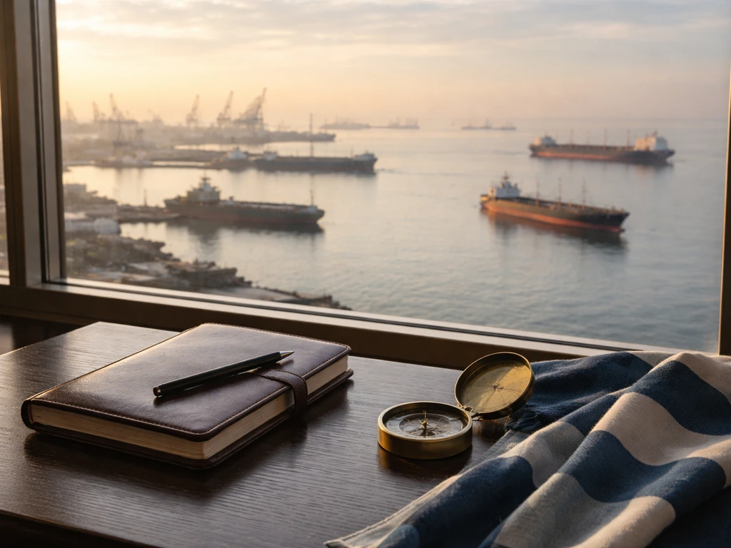Close-up of a desk with notebook and compass, overlooking cargo ships in a harbor at sunrise.