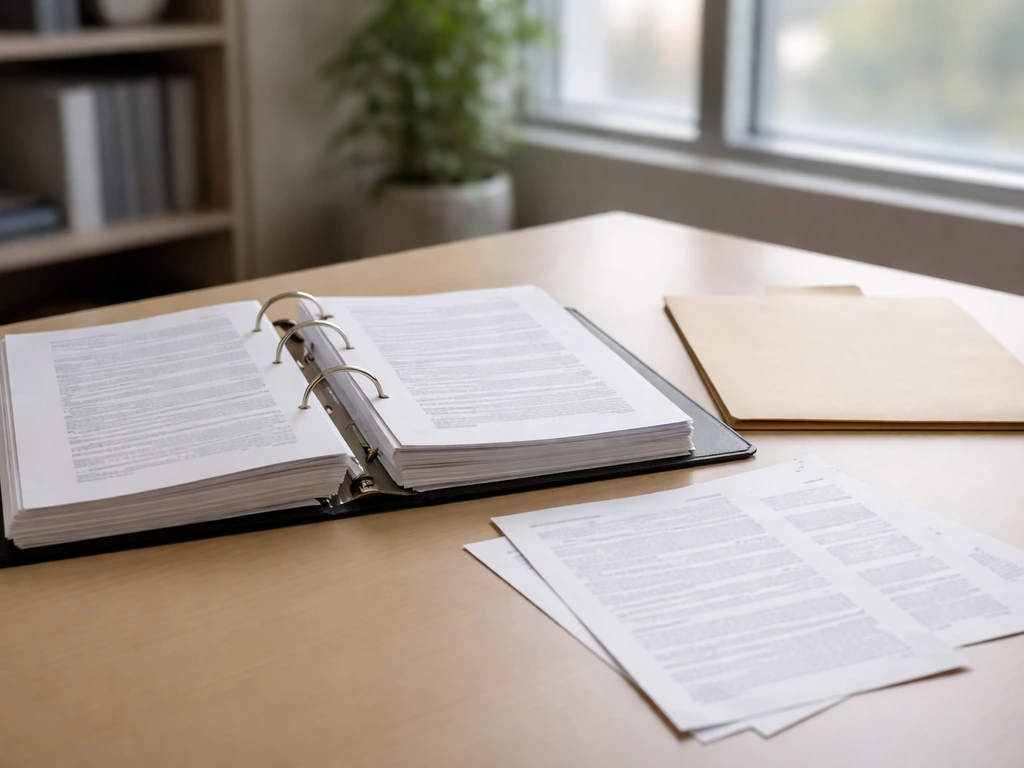 Open binder and folders with dry-bulk shipping and SEC-style documents on a desk by a window
