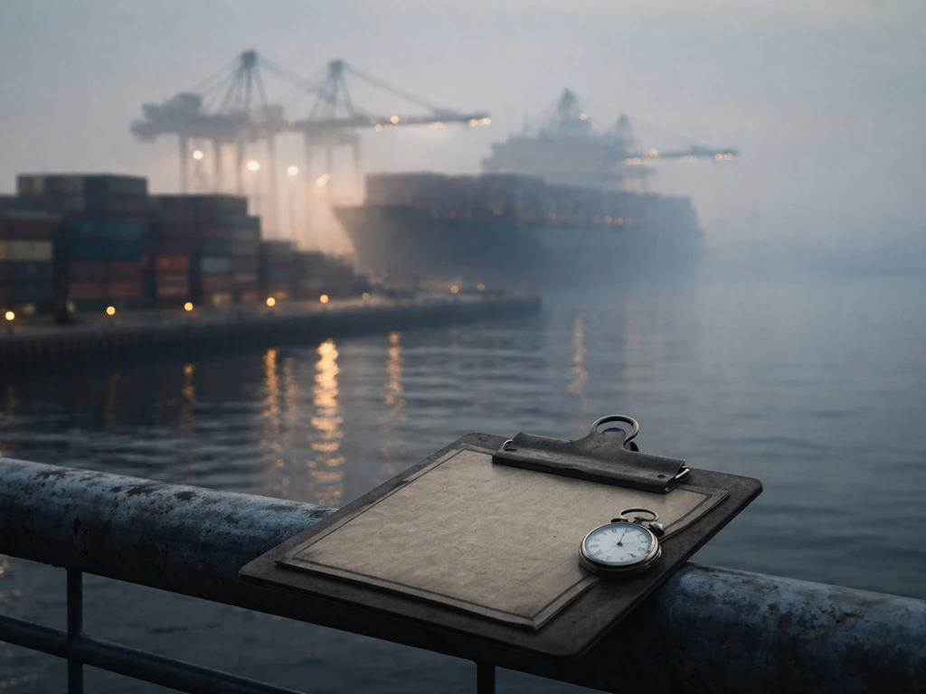 Dusk view of a cargo ship and shipping yard with a clipboard and pocket watch on a rail.