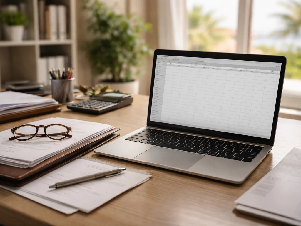 Minimal accountant desk with laptop and tools, symbolizing net worth verification and financial evidence.