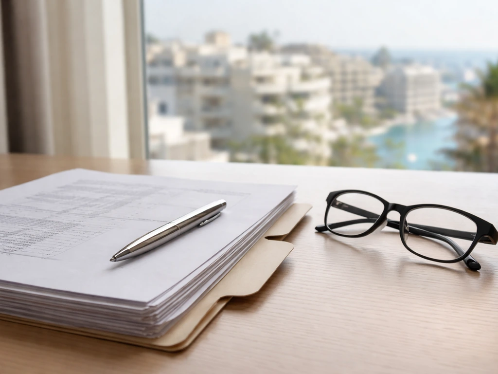 Close-up of auditor-style papers and a pen on a desk, with a blurred city skyline outside the window.