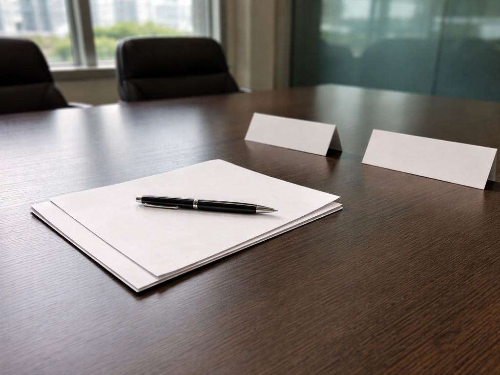 Minimal boardroom scene with blank SEC-like pages and a pen, suggesting audit committee governance.