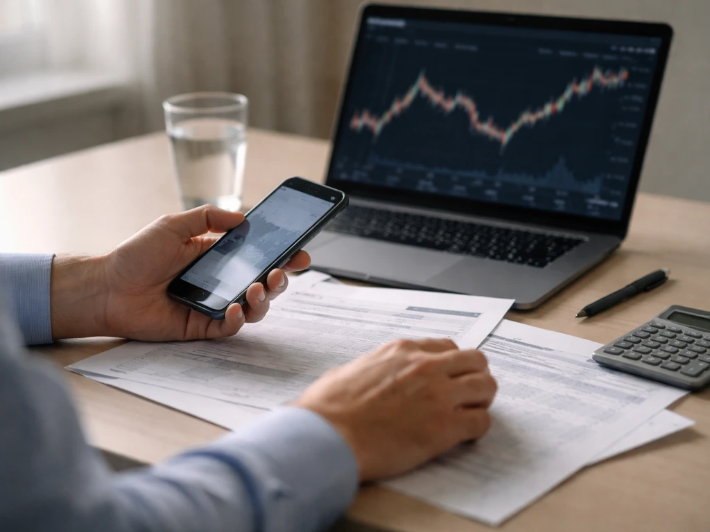 Anonymous analyst’s desk with documents, calculator, and phone suggesting net-worth estimate inputs
