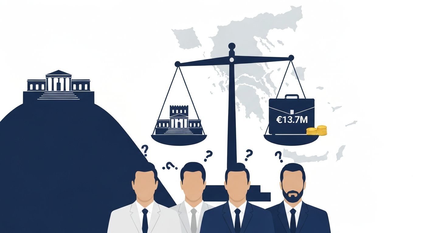 Editorial illustration: a stylized Greek estate and a scale balancing a briefcase labeled €13.7M against question-marked silhouettes of princes, symbolizing uncertainty about the royal net worth.