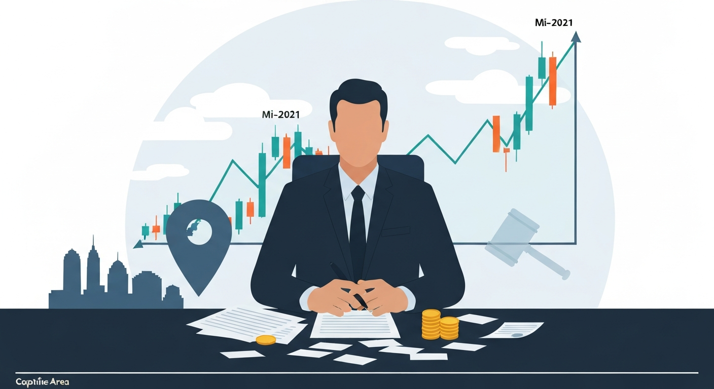 Editorial illustration: anonymous business silhouette at desk with documents and coins, stock chart peaking in 2021 then collapsing, Halifax skyline pin and a gavel icon indicating legal risk.