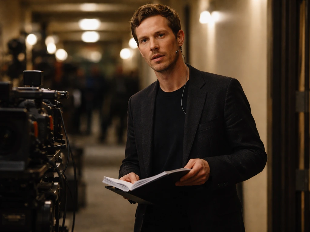 An actor on a film set holding a script folder, waiting between takes in natural light