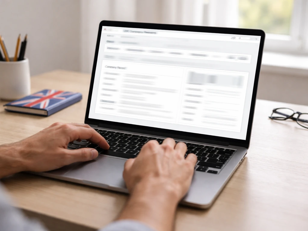 Close-up of a laptop showing blurred UK company registry search results fields and an example record card