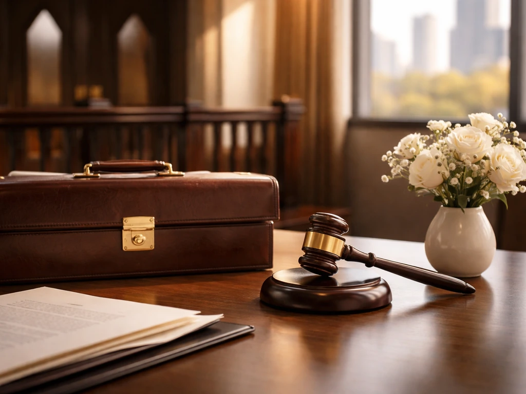 Minimal attorney-themed desk with gavel, briefcase, and white flowers in warm natural light.