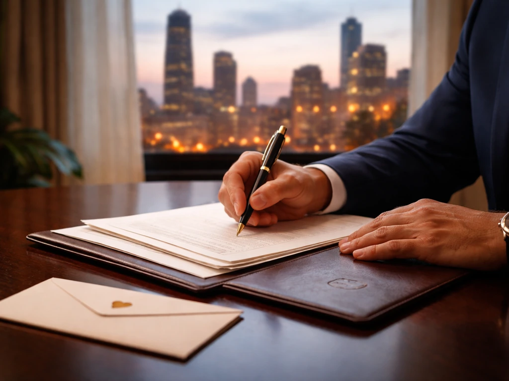Anonymous hands writing at a law-desk with papers and blurred Chicago skyline in warm evening light.