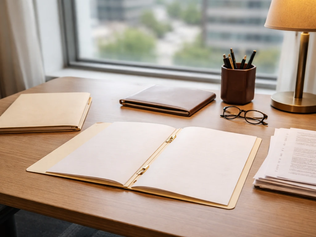 Attorney desk with law documents and folders beside a few real-estate transaction papers, minimal office setting
