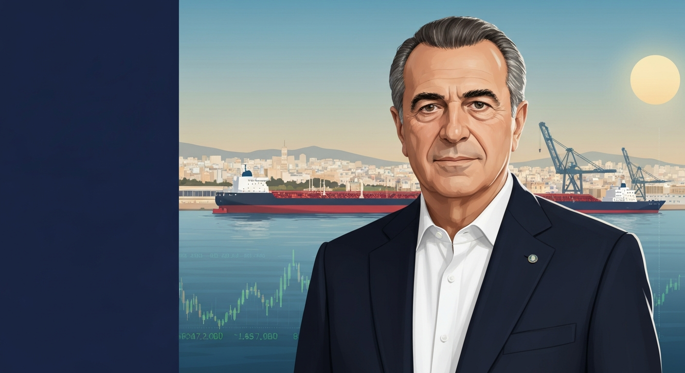 Illustrated editorial portrait of a Greek shipping executive with Athens port and tanker silhouettes in the background, styled for a business profile.