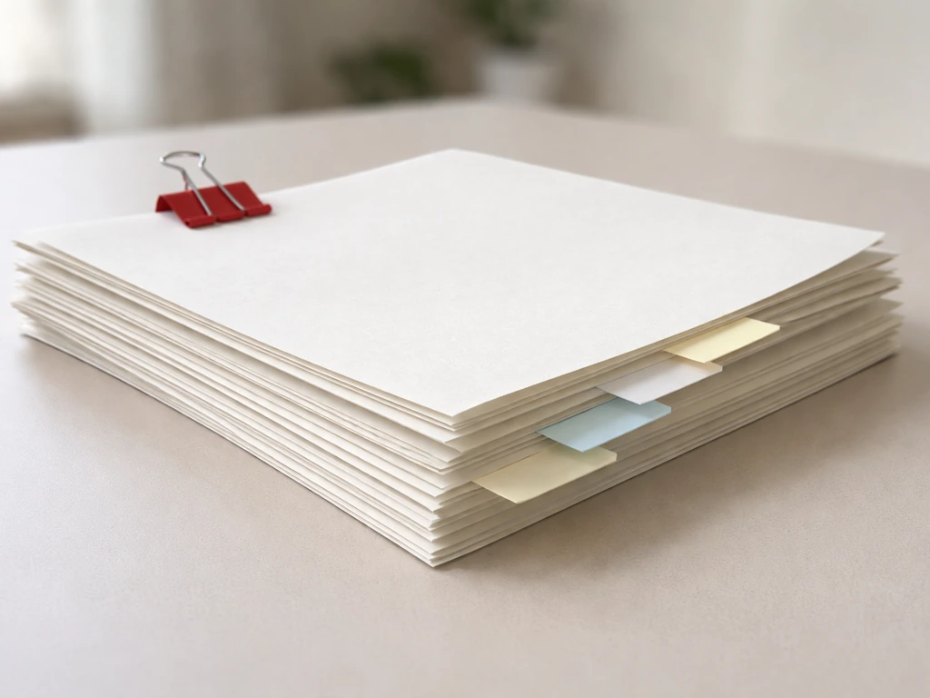 Stack of corporate prospectus and annual report documents with blank tabs on a desk.