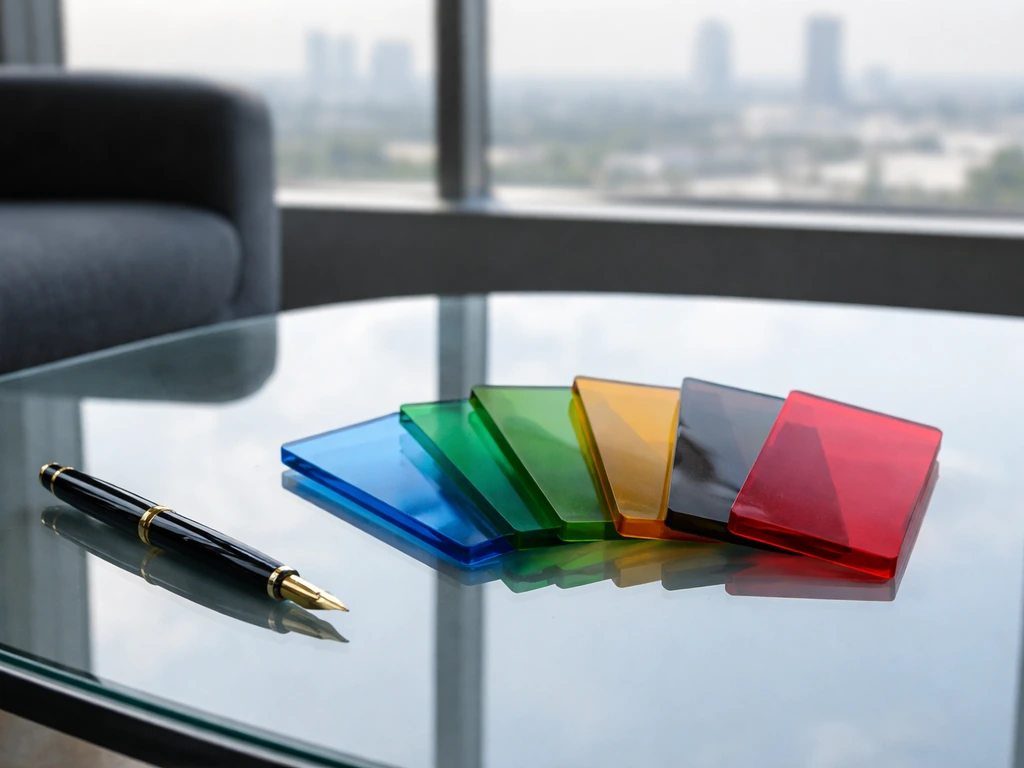 Colored acrylic tiles and a pen on a modern office table with a blurred industrial skyline.