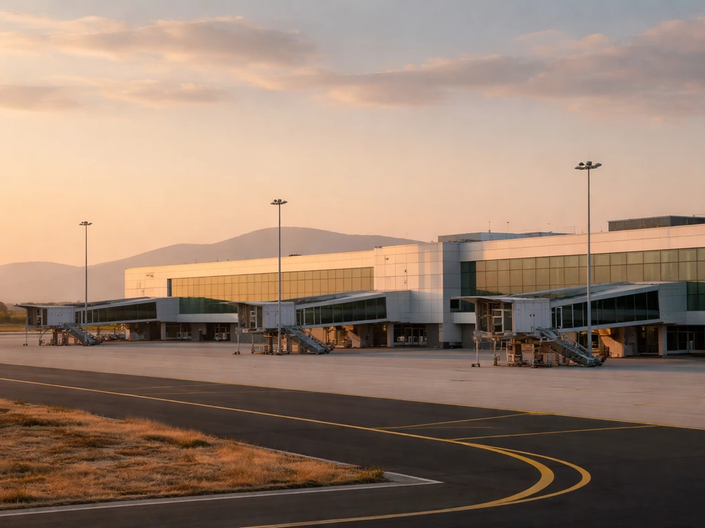 Quiet view of a modern airport terminal and runway infrastructure at golden hour.
