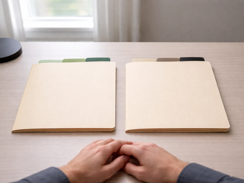 Minimal desk scene with two folders labeled by color-coded tabs, representing traceable assets vs untraceable liabilitie