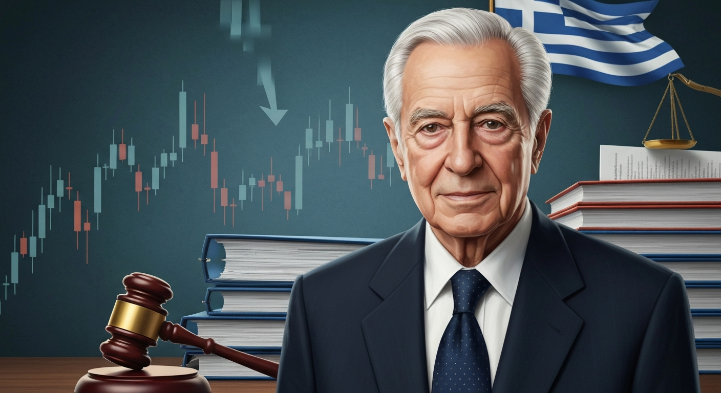 Stylized editorial portrait of an elderly Greek businessman with subtle financial motifs (gavel, documents, falling chart) in the background.