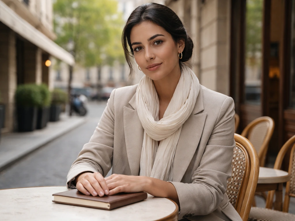 Paris publicist-style woman in a simple street café setting with soft morning light.