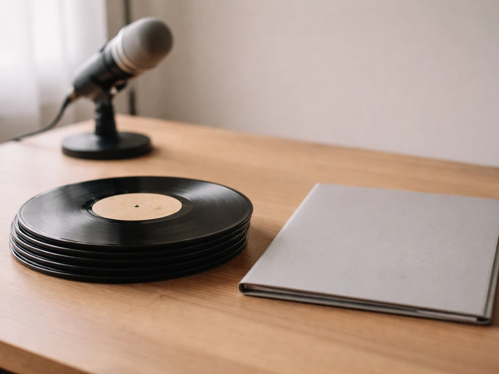 Vintage vinyl records and a folder on a wooden desk with a studio microphone softly blurred in background.