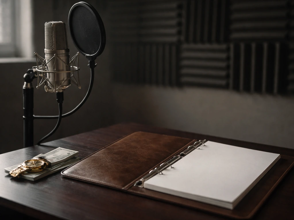 Vintage studio microphone beside a leather binder and subtle luxury items, symbolizing wealth estimates
