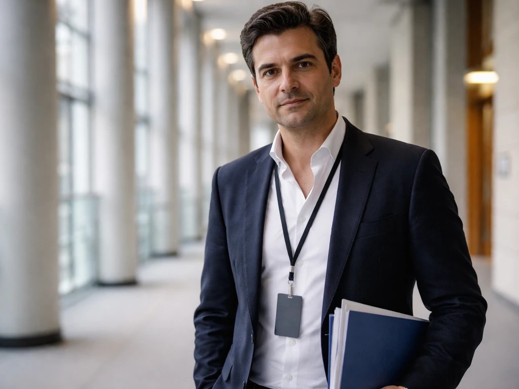 Anonymous man in a navy blazer in a bright European-style building corridor, suggesting actor and politician roles