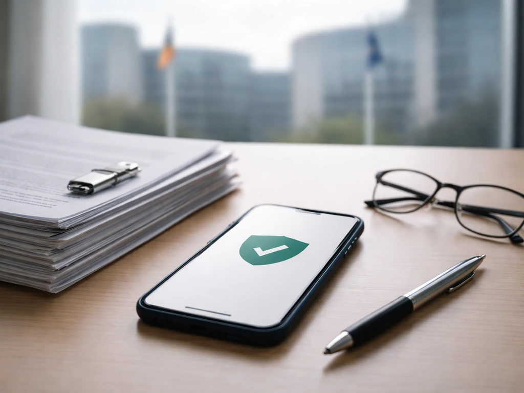 Close-up of phone, documents, and glasses on a desk with government buildings blurred in background.