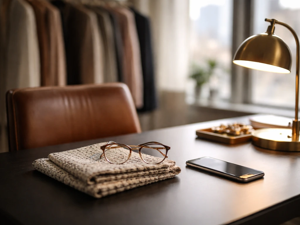 Minimal luxury studio desk with fashion items, implying wealth and media-style professionalism.