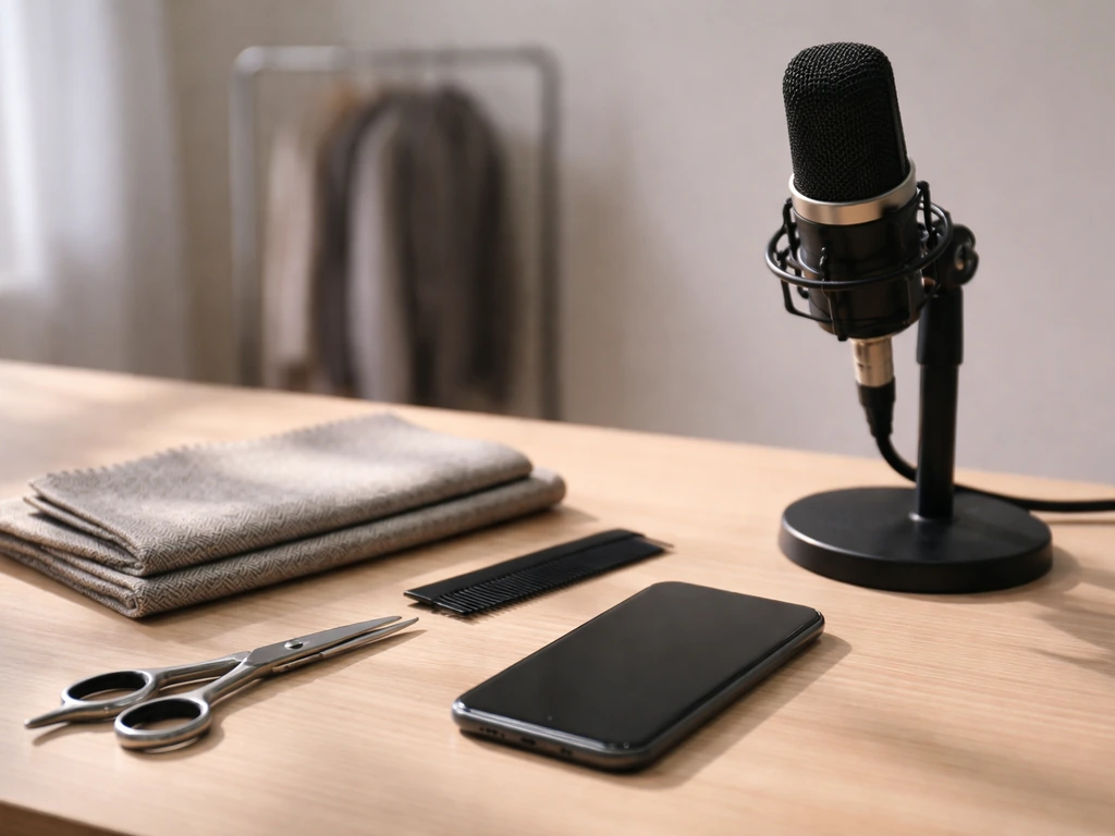 Minimal studio desk with styling tools and a microphone, symbolizing media and lifestyle work.