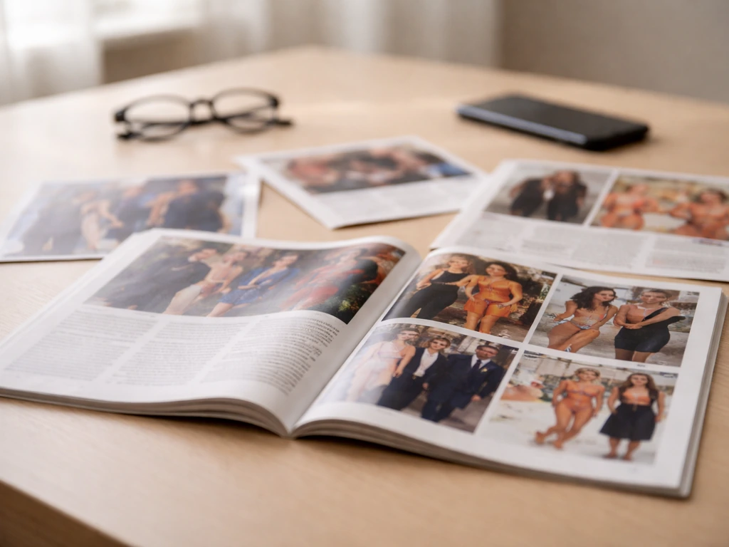 Minimal desk scene with out-of-focus magazine clippings suggesting press coverage, no readable text.
